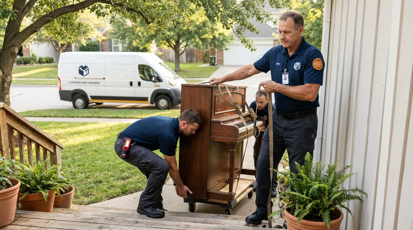 Licensed piano movers securing grand piano in Baltic, CT