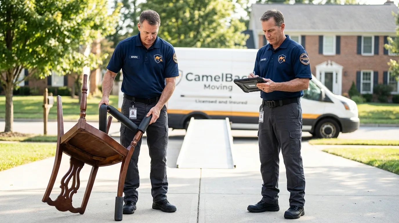 Movers inspecting furniture for damage prevention before loading in Baltic, CT