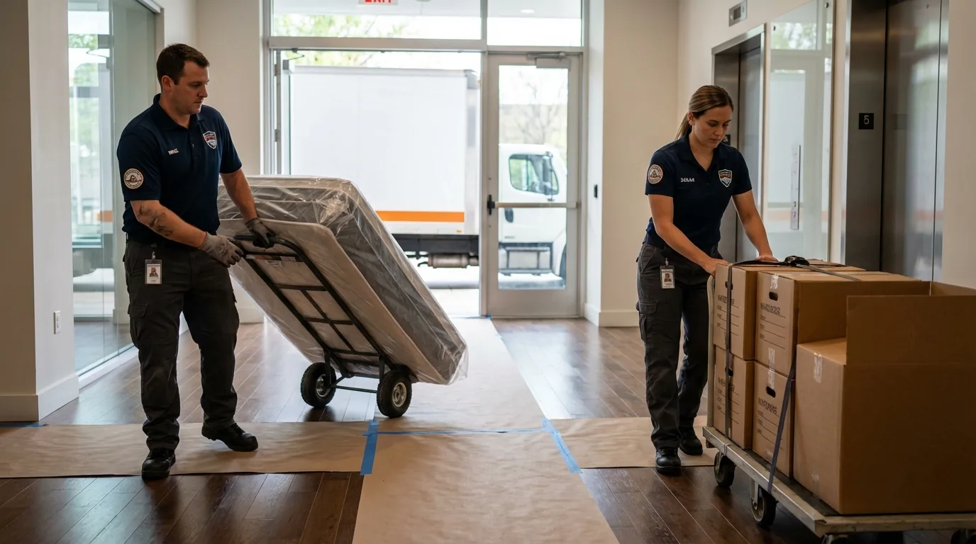 Professional apartment movers loading elevator in Baltic, CT